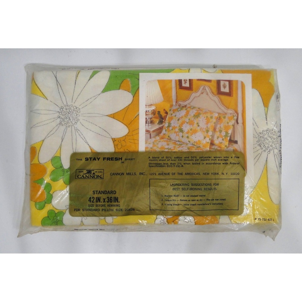 Vintage Cannon Monticello 2pc Pillowcase Set Yellow Orange Daisy Floral 70s New